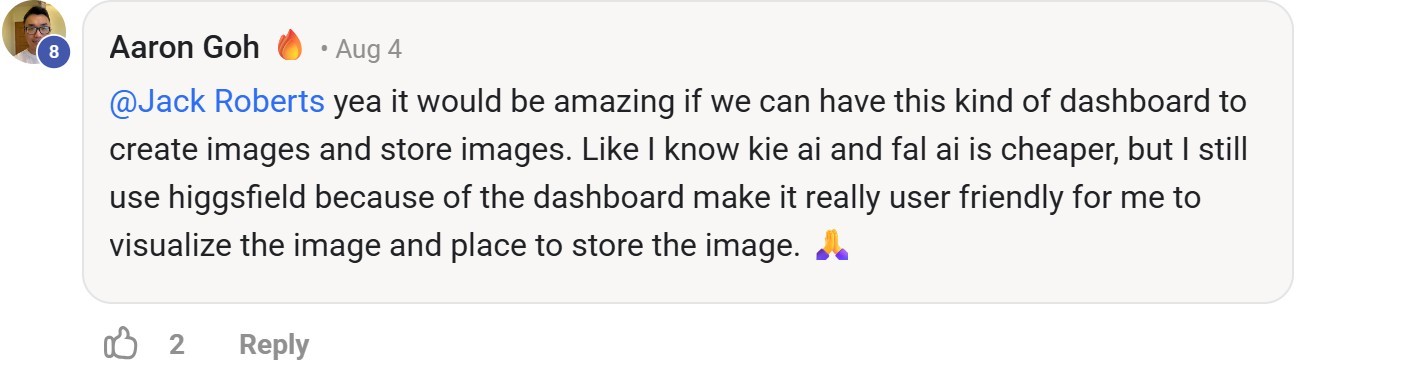Skool comment by Aaron Goh about Higgsfield: Choosing a visual dashboard for image work