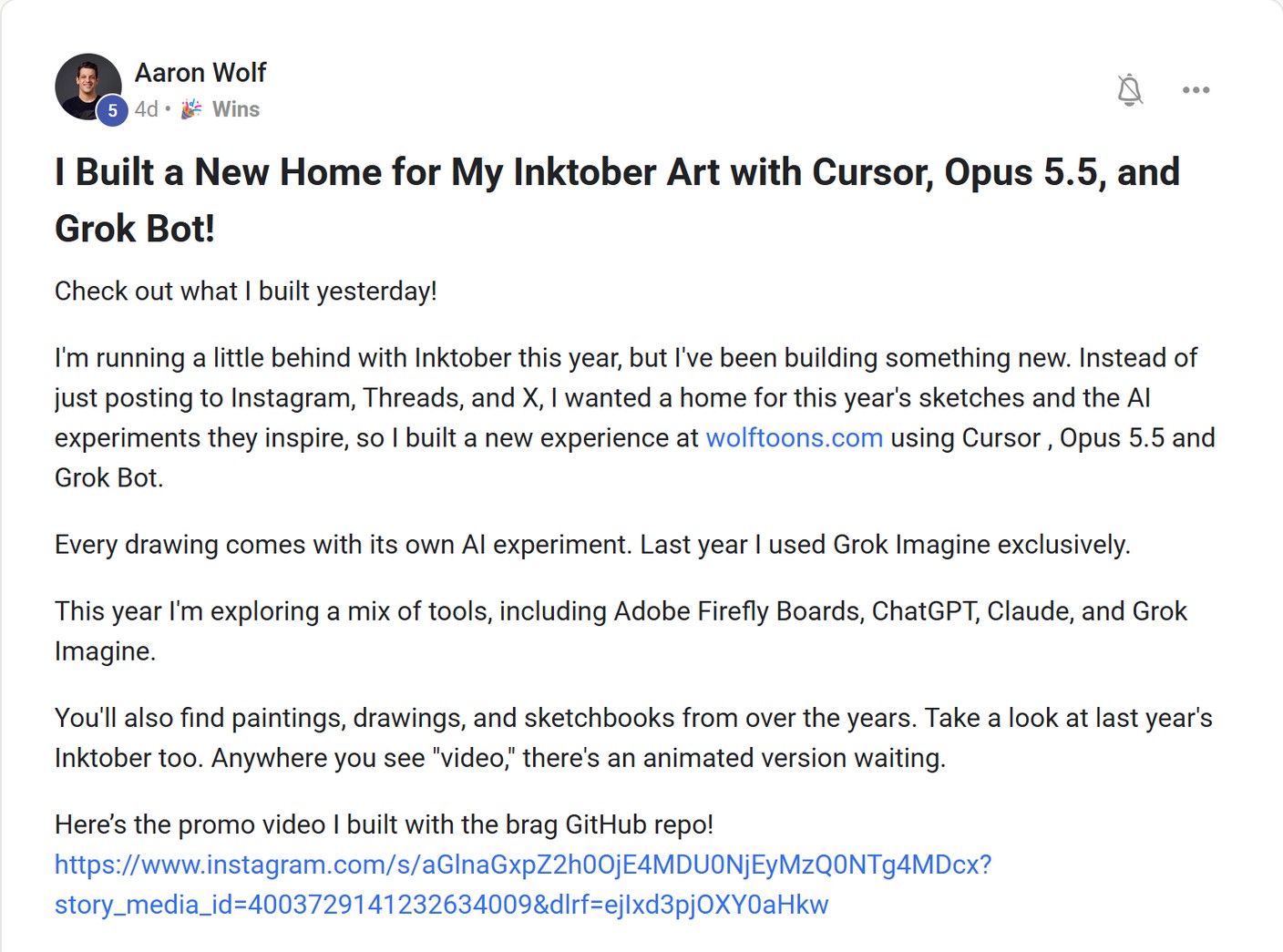 Skool post by Aaron Wolf about xAI: Animating an artist’s Inktober work