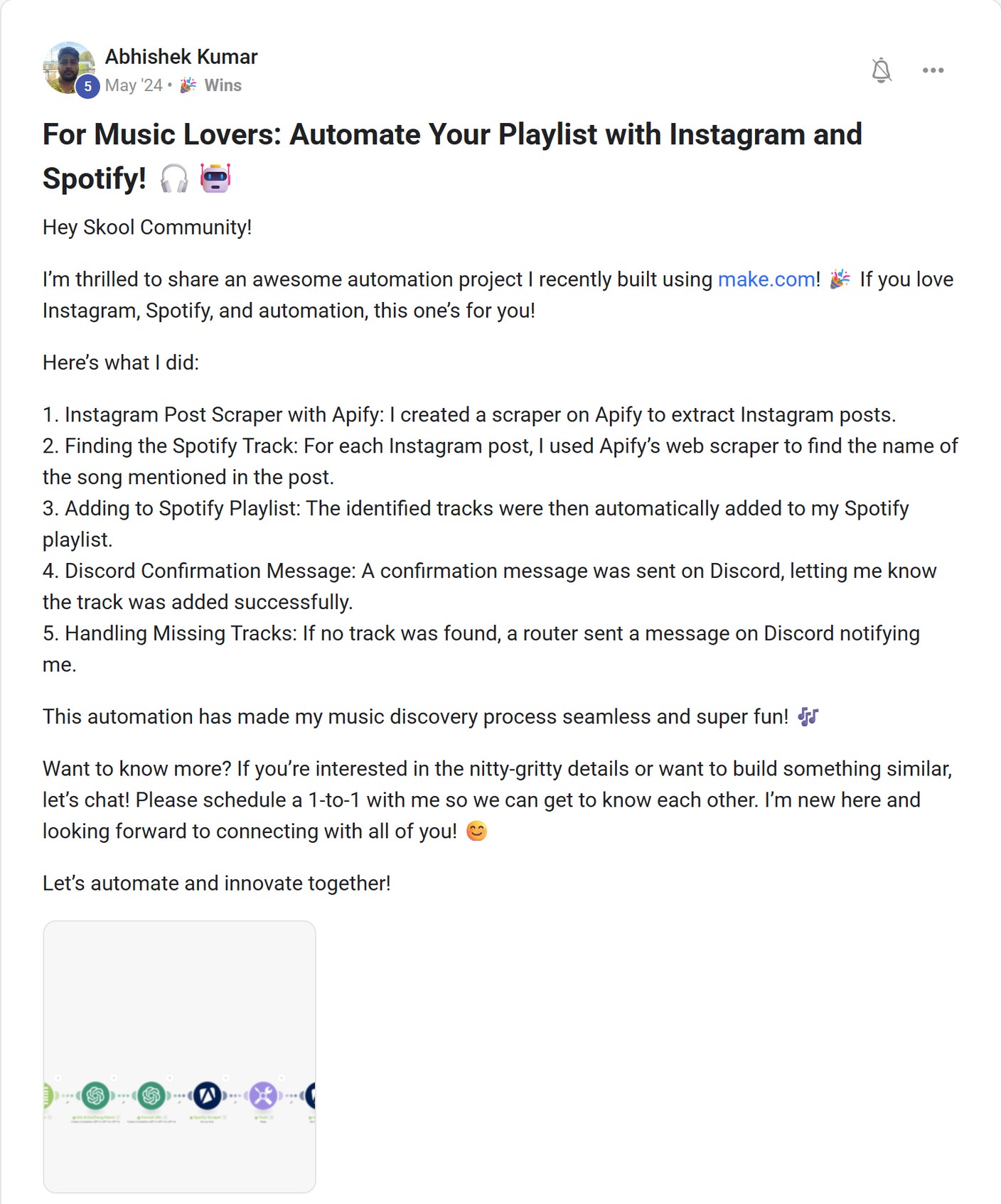 Skool post by Abhishek Kumar about Apify: Turning Instagram music discoveries into a playlist