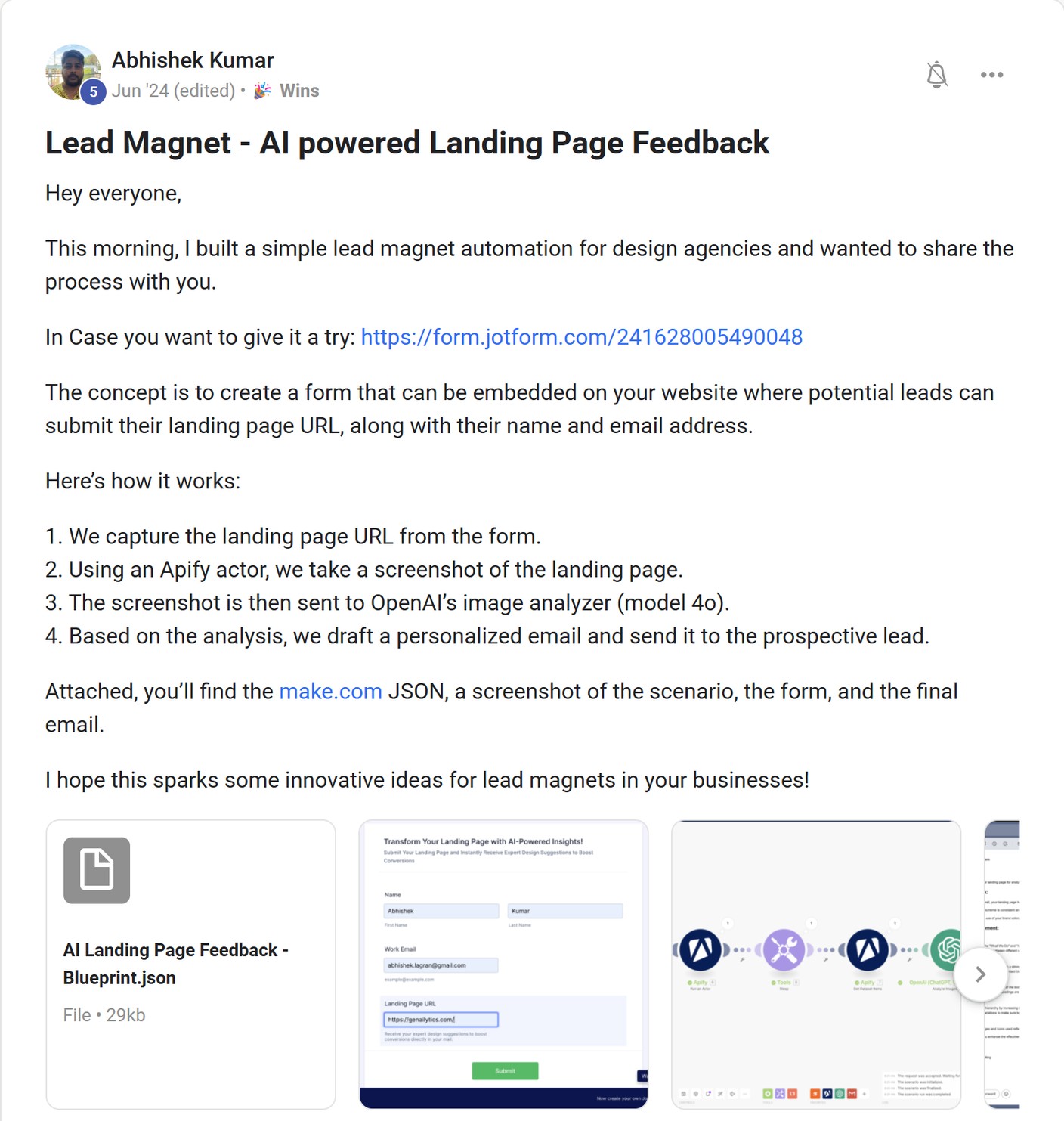 Skool post by Abhishek Kumar about Apify: Creating a landing-page feedback lead magnet