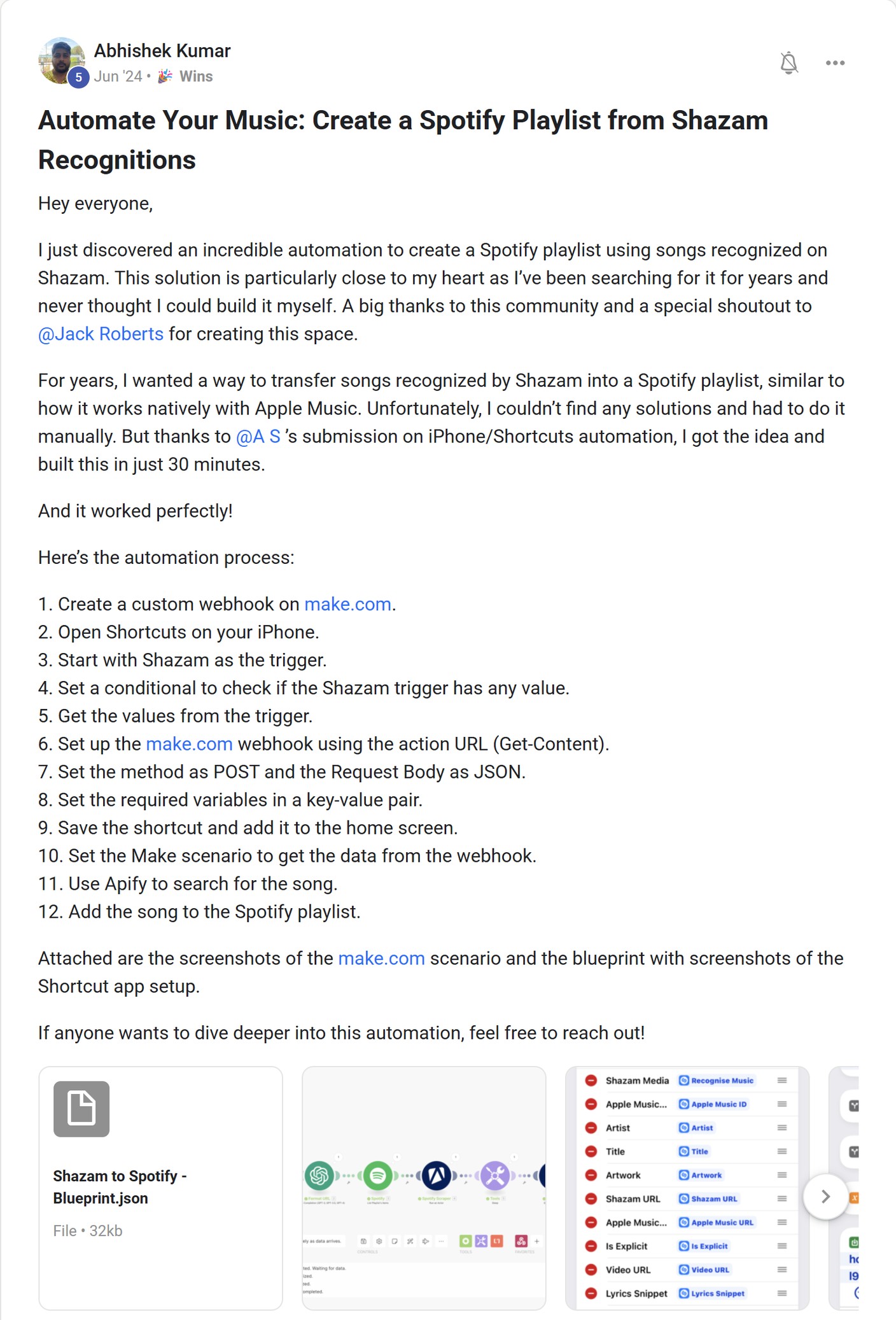 Skool post by Abhishek Kumar about Apify: Using Apify to add Shazam songs to Spotify
