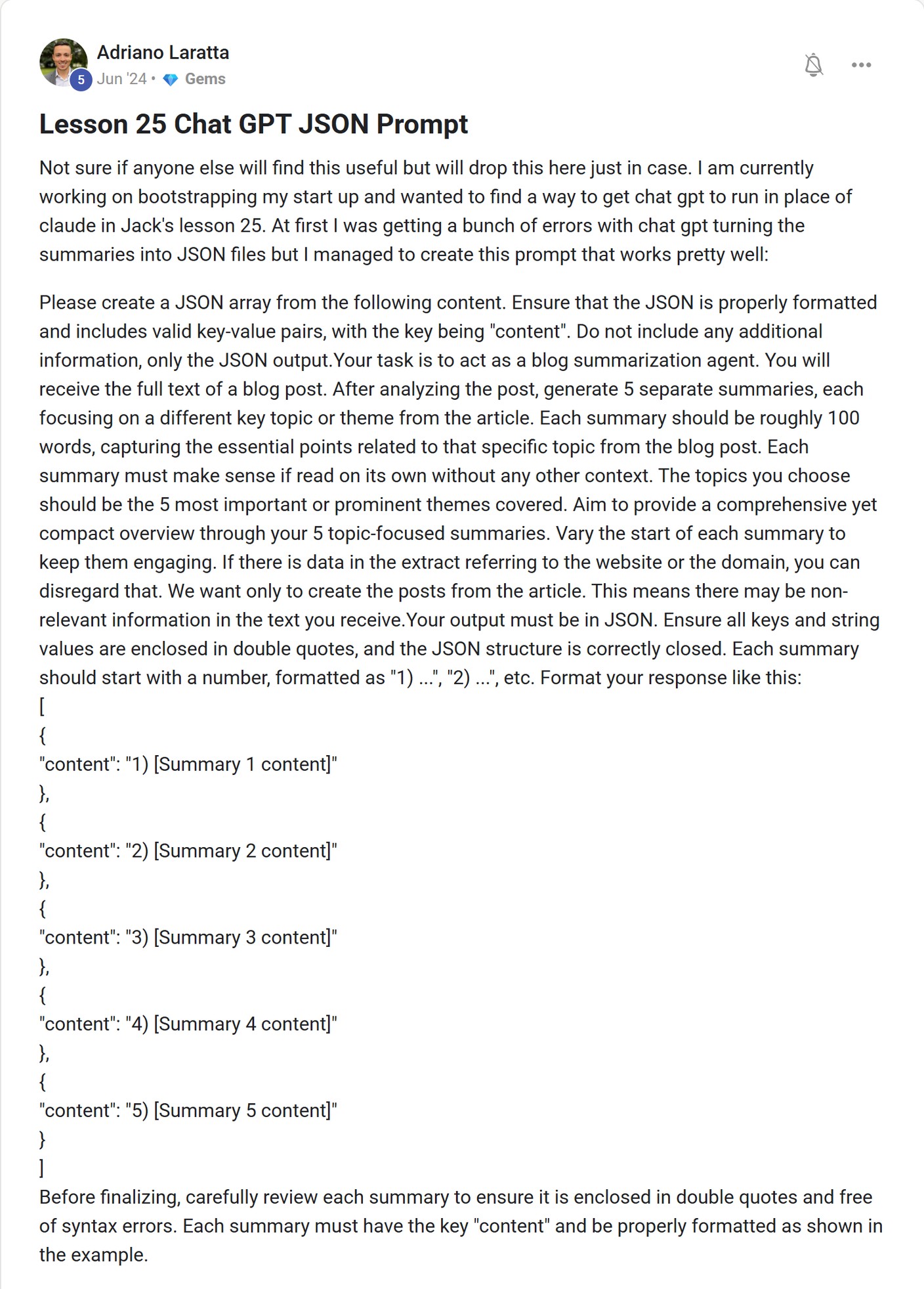 Skool post by Adriano Laratta about OpenAI: Generating blog summaries as JSON