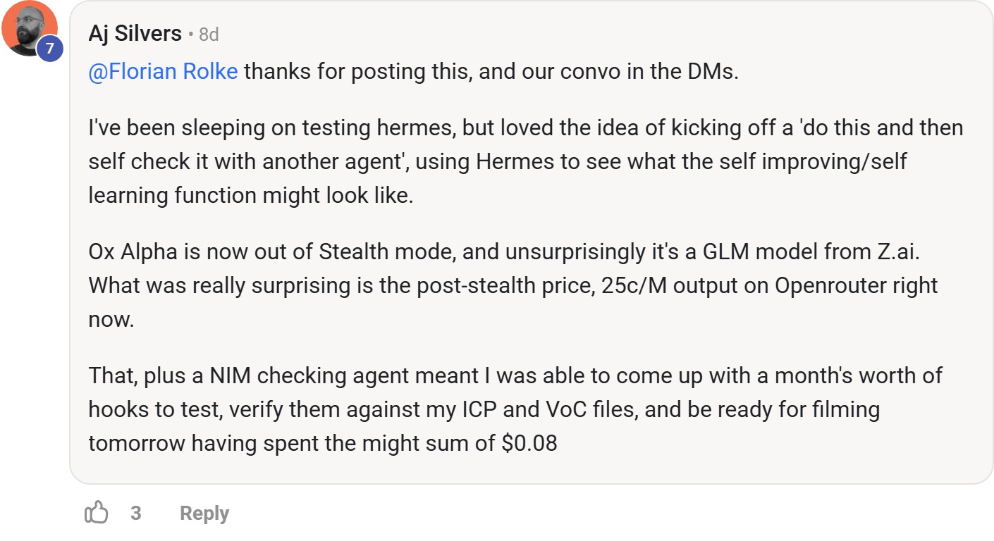 Skool comment by Aj Silvers about OpenRouter: Preparing content hooks through model routing