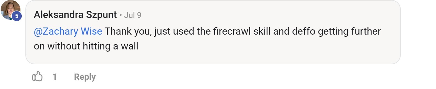 Skool comment by Aleksandra Szpunt about Firecrawl: Making progress on website design