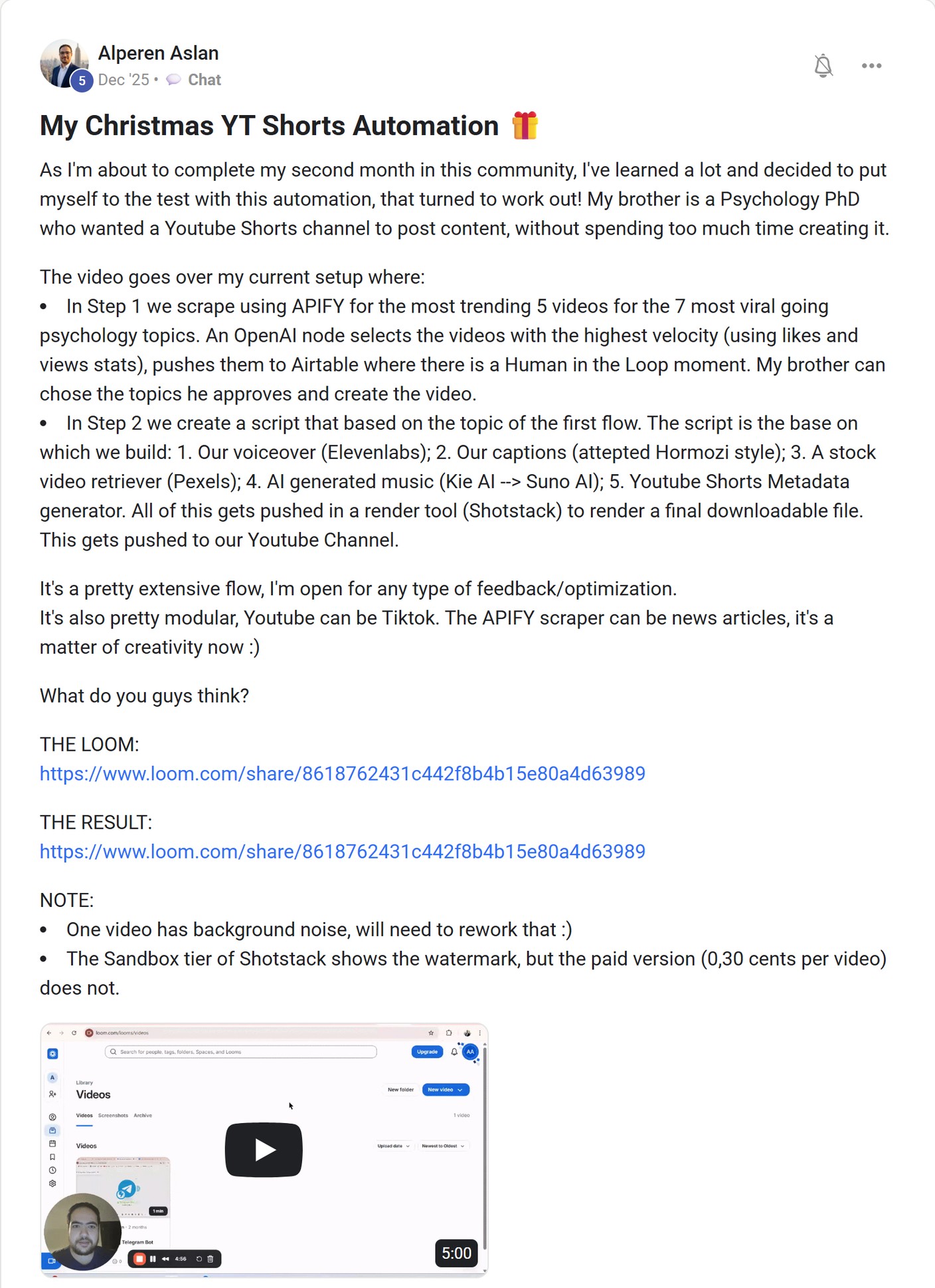 Skool post by Alperen Aslan about Apify: Researching topics for a Shorts workflow