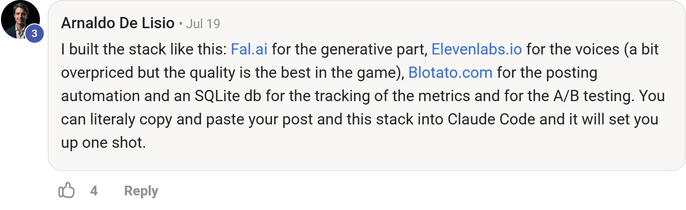 Skool comment by Arnaldo De Lisio about Blotato: Publishing videos in an automated stack