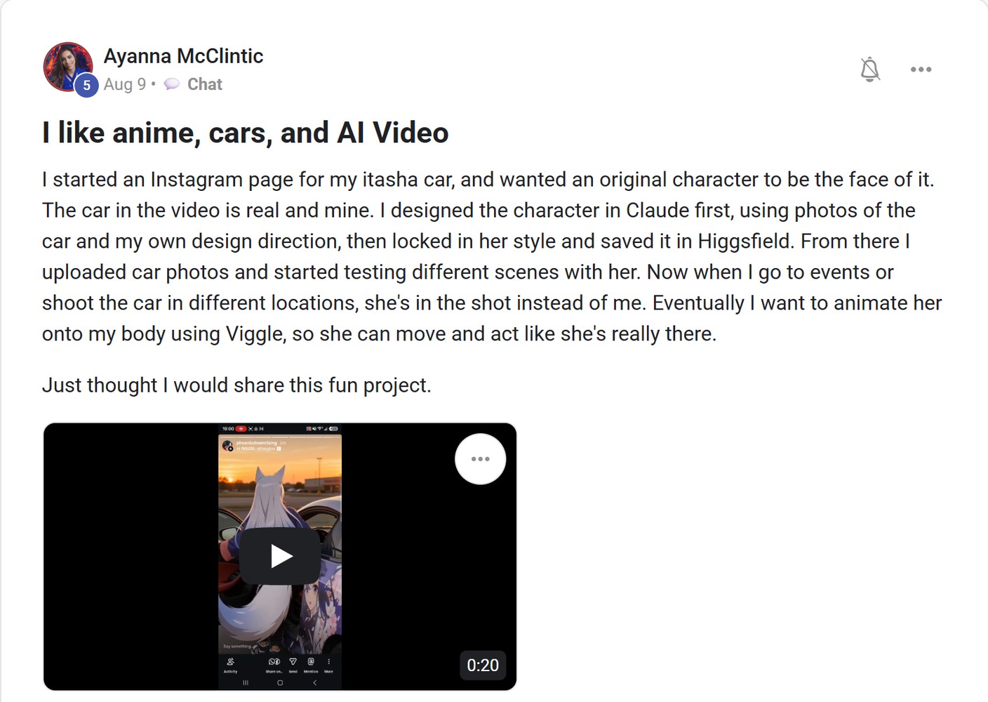 Skool post by Ayanna McClintic about Higgsfield: Creating a consistent character for car images