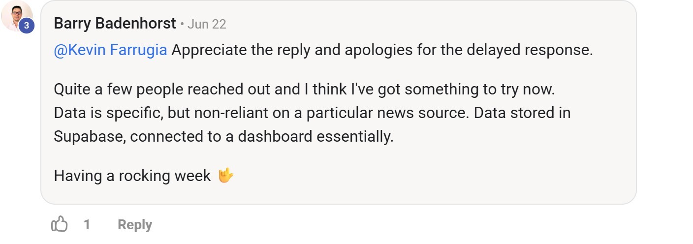 Skool comment by Barry Badenhorst about Supabase: Connecting research data to a dashboard