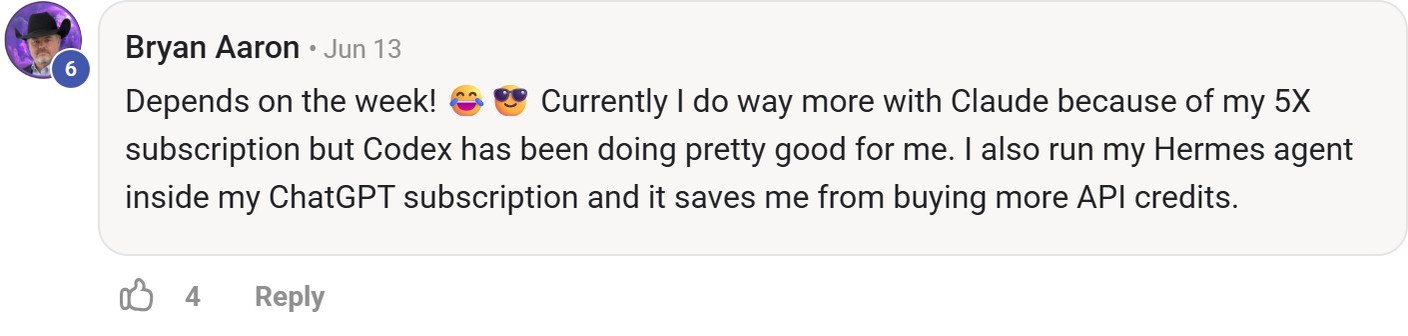 Skool comment by Bryan Aaron about OpenAI: Running Hermes through a ChatGPT subscription