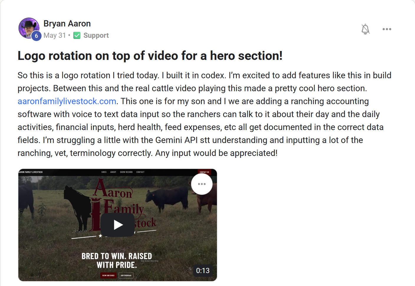 Skool post by Bryan Aaron about OpenAI: Creating a rotating logo hero with Codex