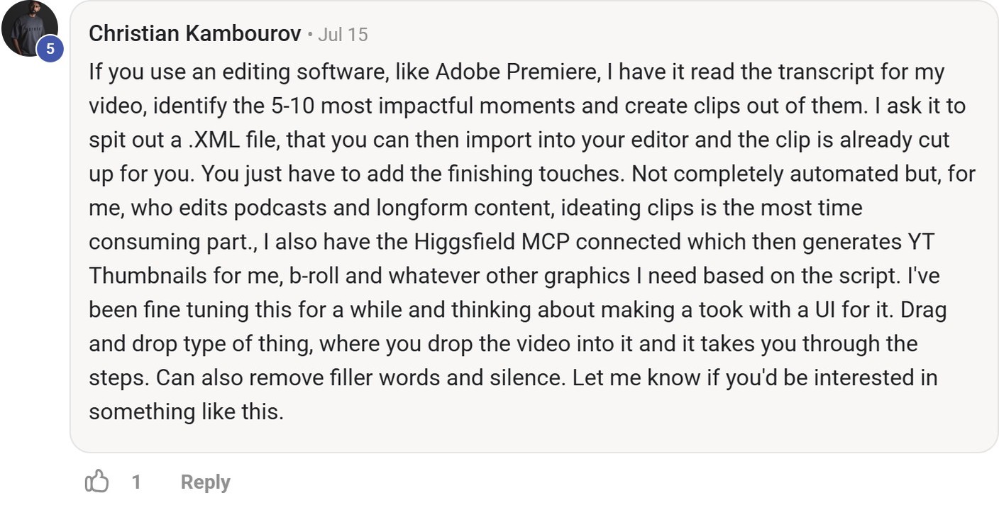 Skool comment by Christian Kambourov about Higgsfield: Generating thumbnails B-roll and graphics
