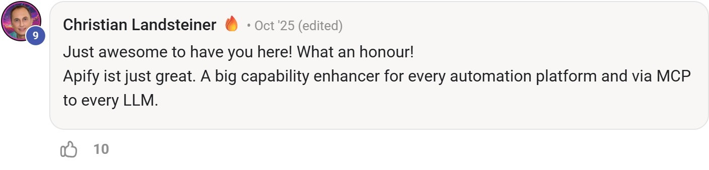 Skool comment by Christian Landsteiner about Apify: Connecting automation platforms and AI