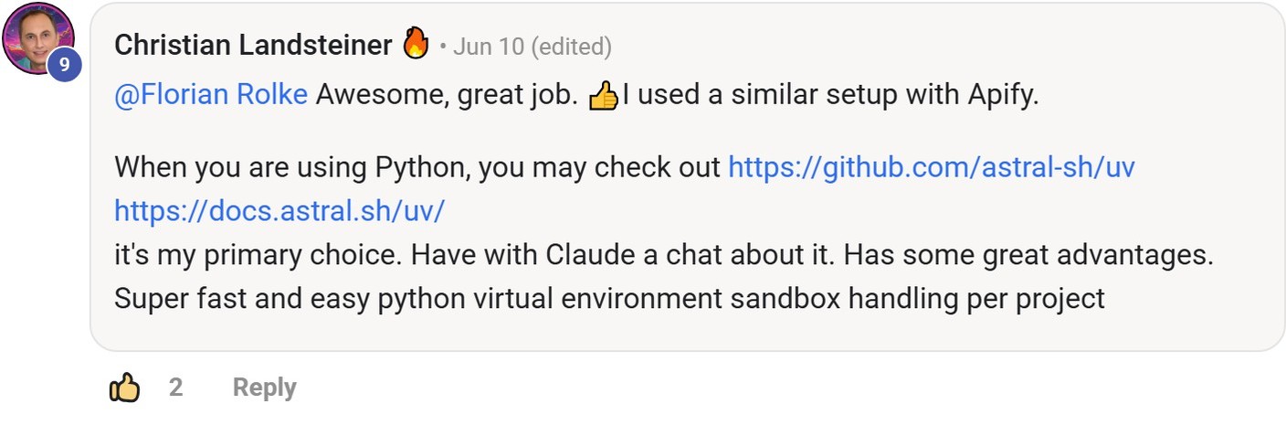Skool comment by Christian Landsteiner about Apify: Building a lead enrichment workflow