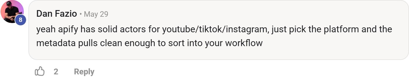 Skool comment by Dan Fazio about Apify: Collecting social video metadata