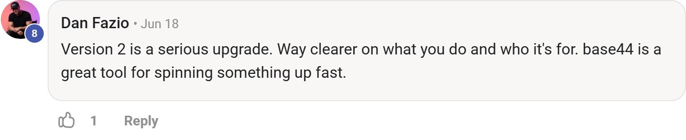 Skool comment by Dan Fazio about Base44: Building an initial website quickly