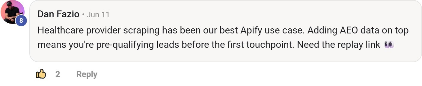 Skool comment by Dan Fazio about Apify: Researching healthcare providers