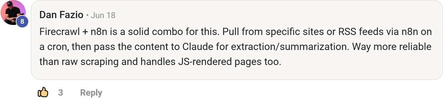 Skool comment by Dan Fazio about Firecrawl: Collecting news for summarization