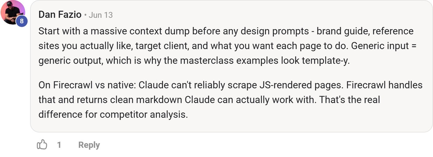 Skool comment by Dan Fazio about Firecrawl: Gathering content for competitor analysis