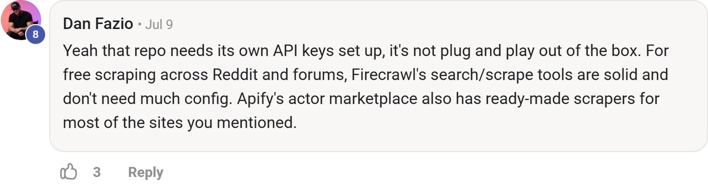 Skool comment by Dan Fazio about Apify: Choosing ready-made website scrapers
