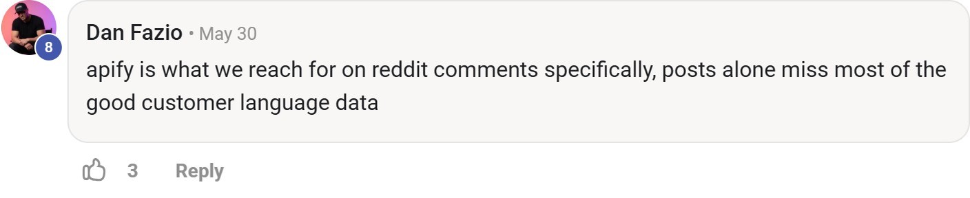 Skool comment by Dan Fazio about Apify: Researching language in Reddit comments