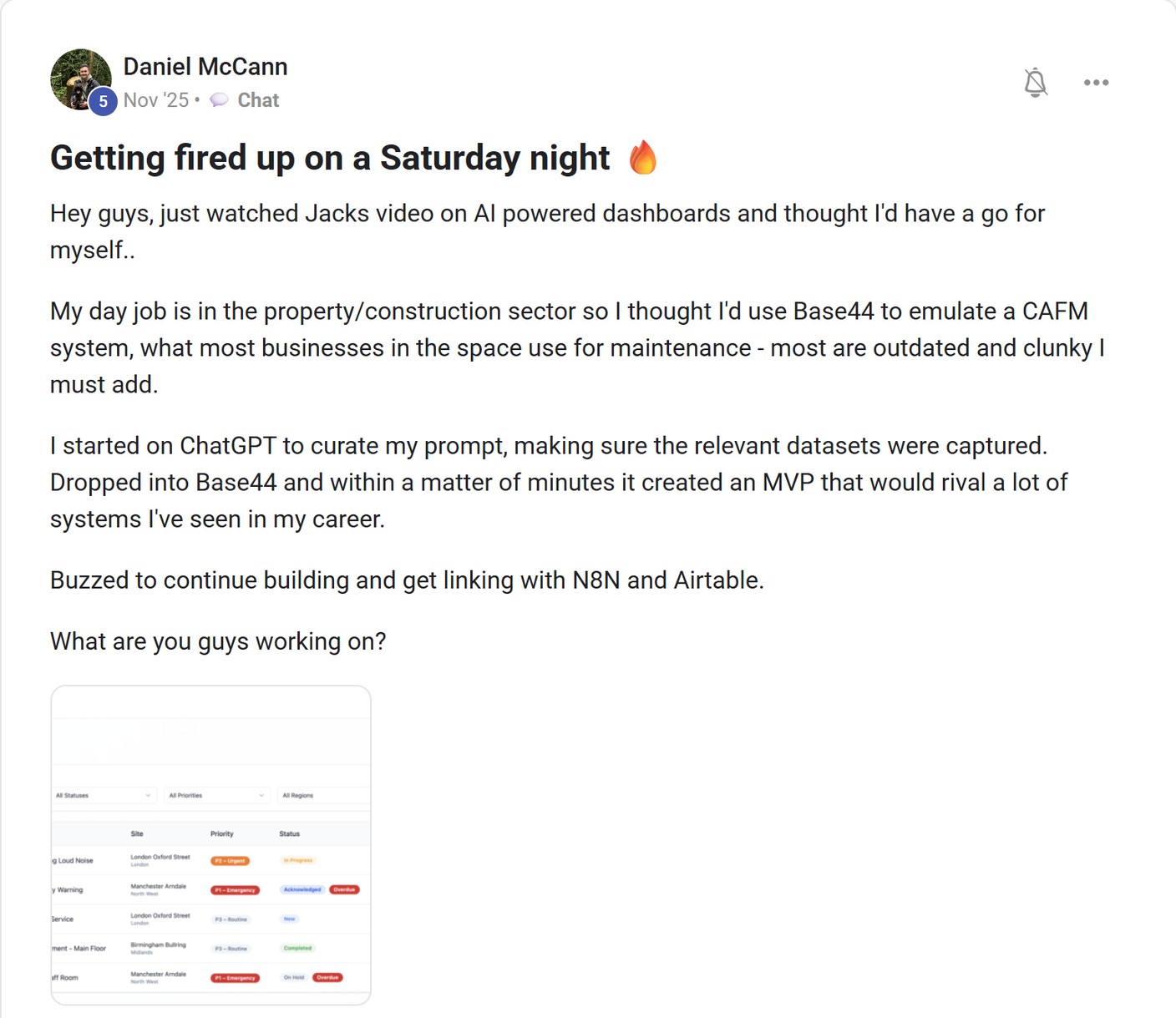Skool post by Daniel McCann about Base44: Building a property maintenance dashboard