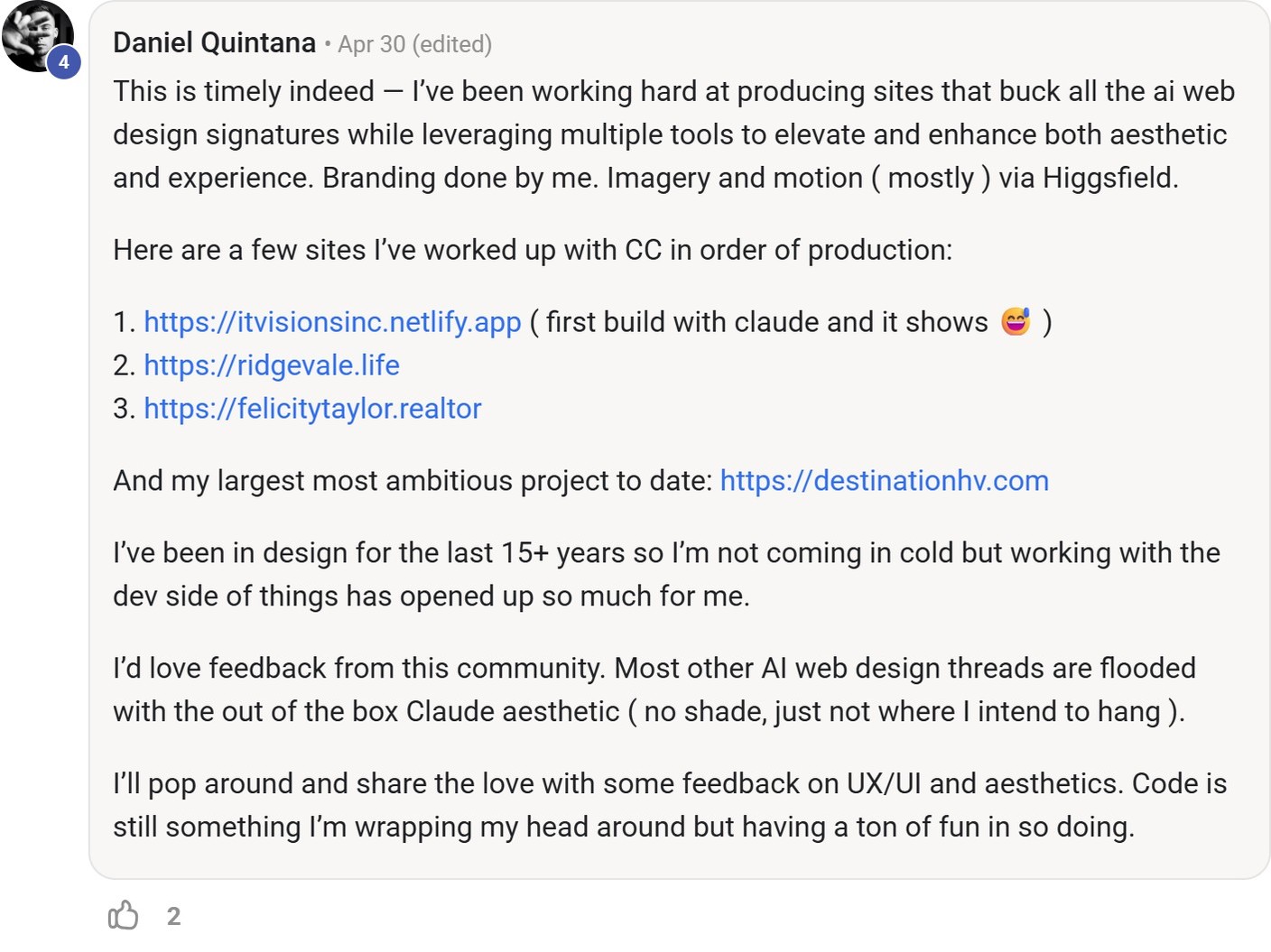 Skool comment by Daniel Quintana about Higgsfield: Creating imagery and motion for websites