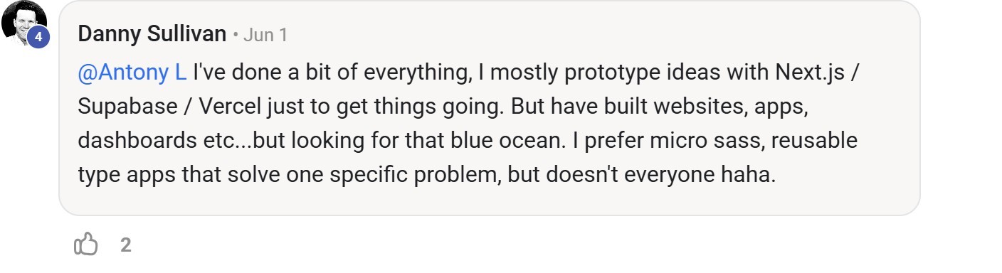 Skool comment by Danny Sullivan about Supabase: Prototyping websites apps and dashboards