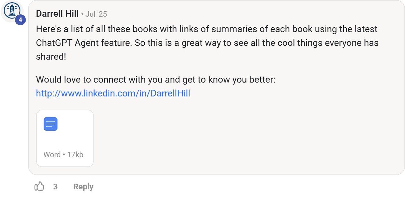 Skool comment by Darrell Hill about OpenAI: Summarizing community book recommendations