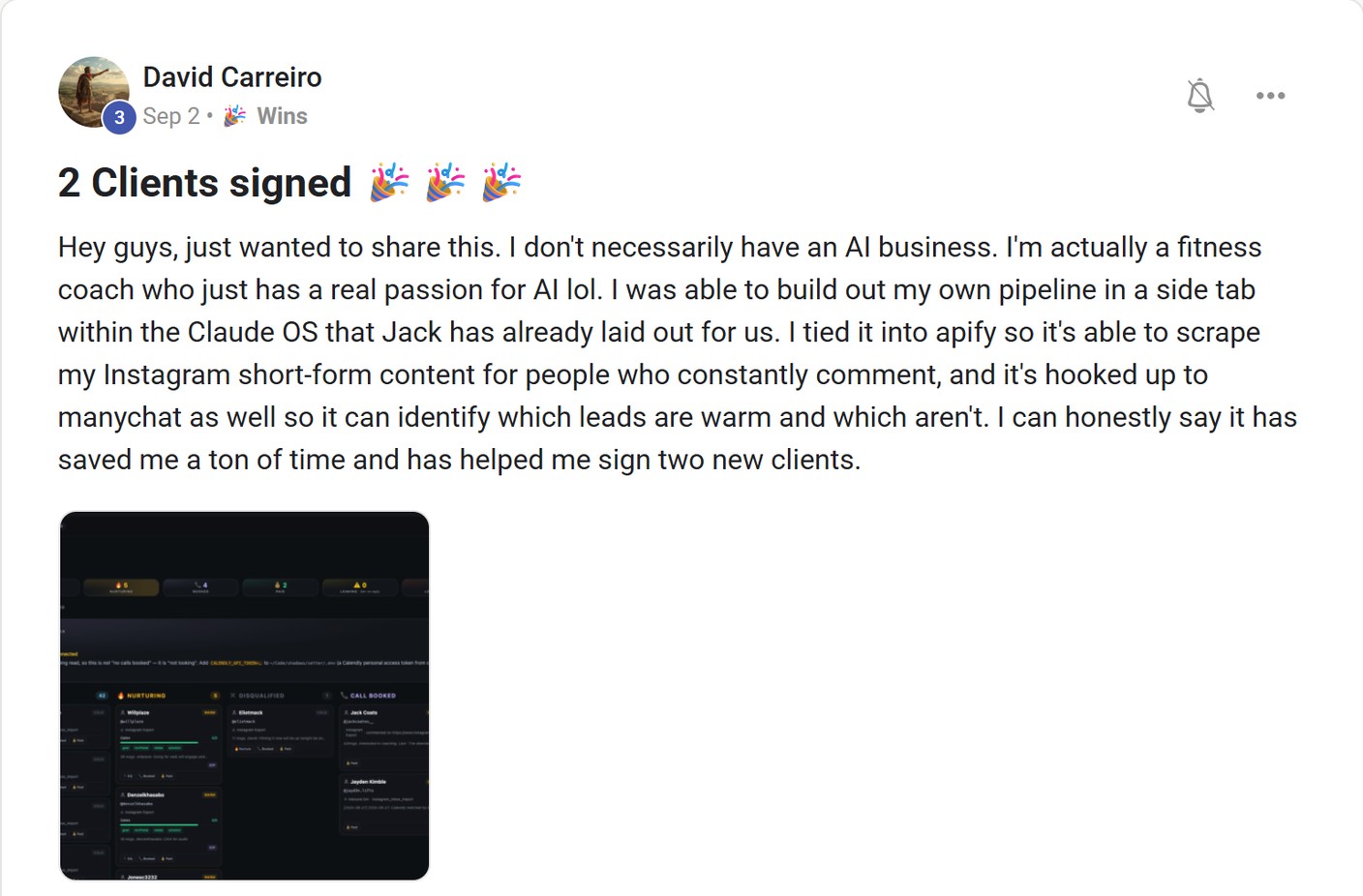 Skool post by David Carreiro about Apify: Instagram leads for a fitness business