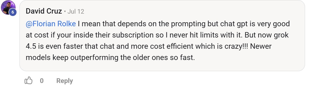 Skool comment by David Cruz about xAI: Comparing model speed and cost