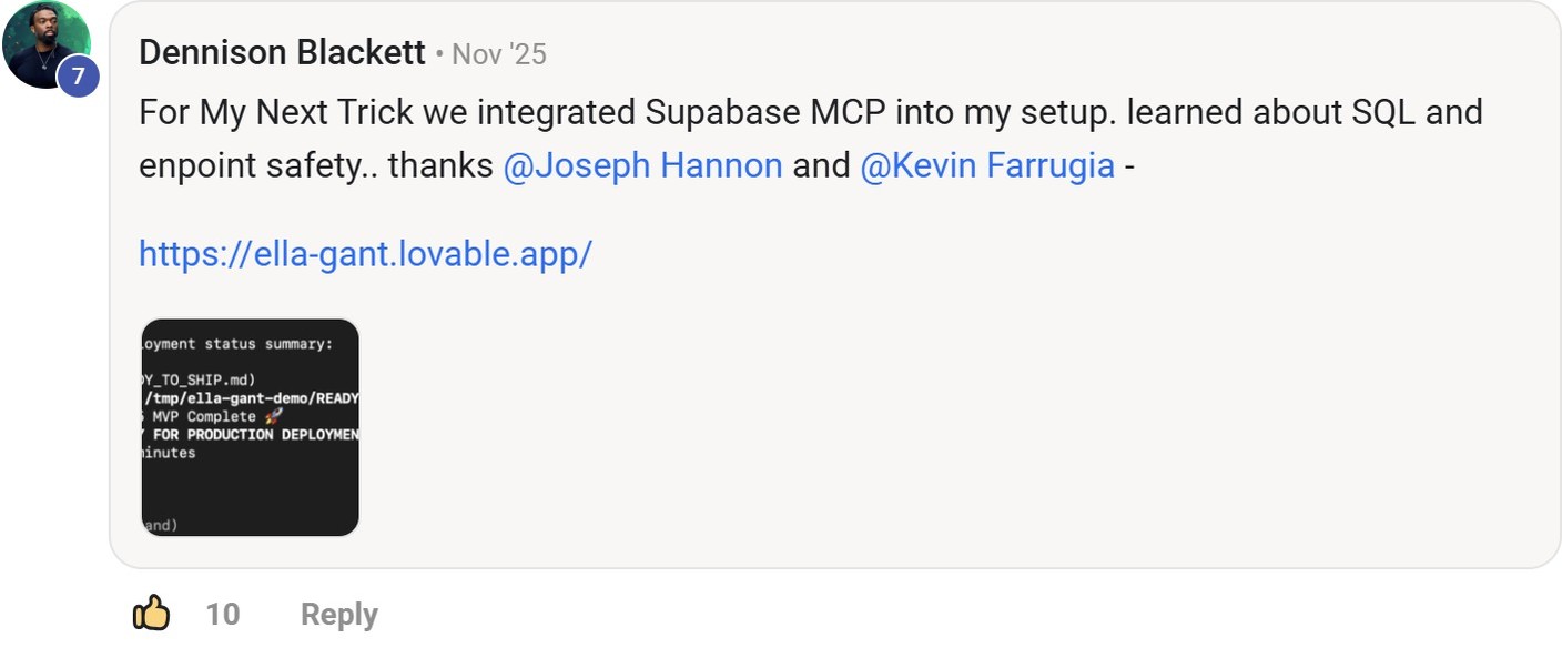 Skool comment by Dennison Blackett about Supabase: Adding Supabase to an automation setup
