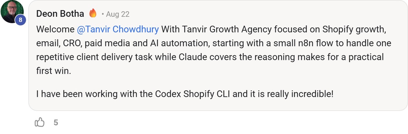Skool comment by Deon Botha about OpenAI: Working with Shopify through Codex