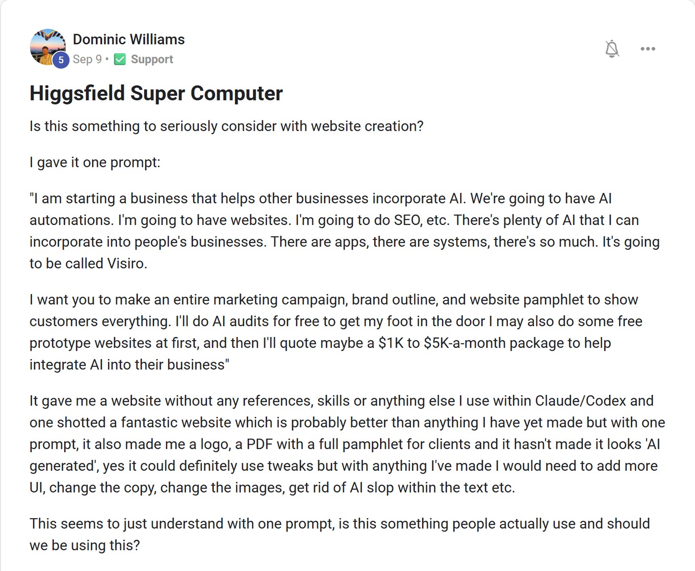 Skool post by Dominic Williams about Higgsfield: Trying the Higgsfield website builder