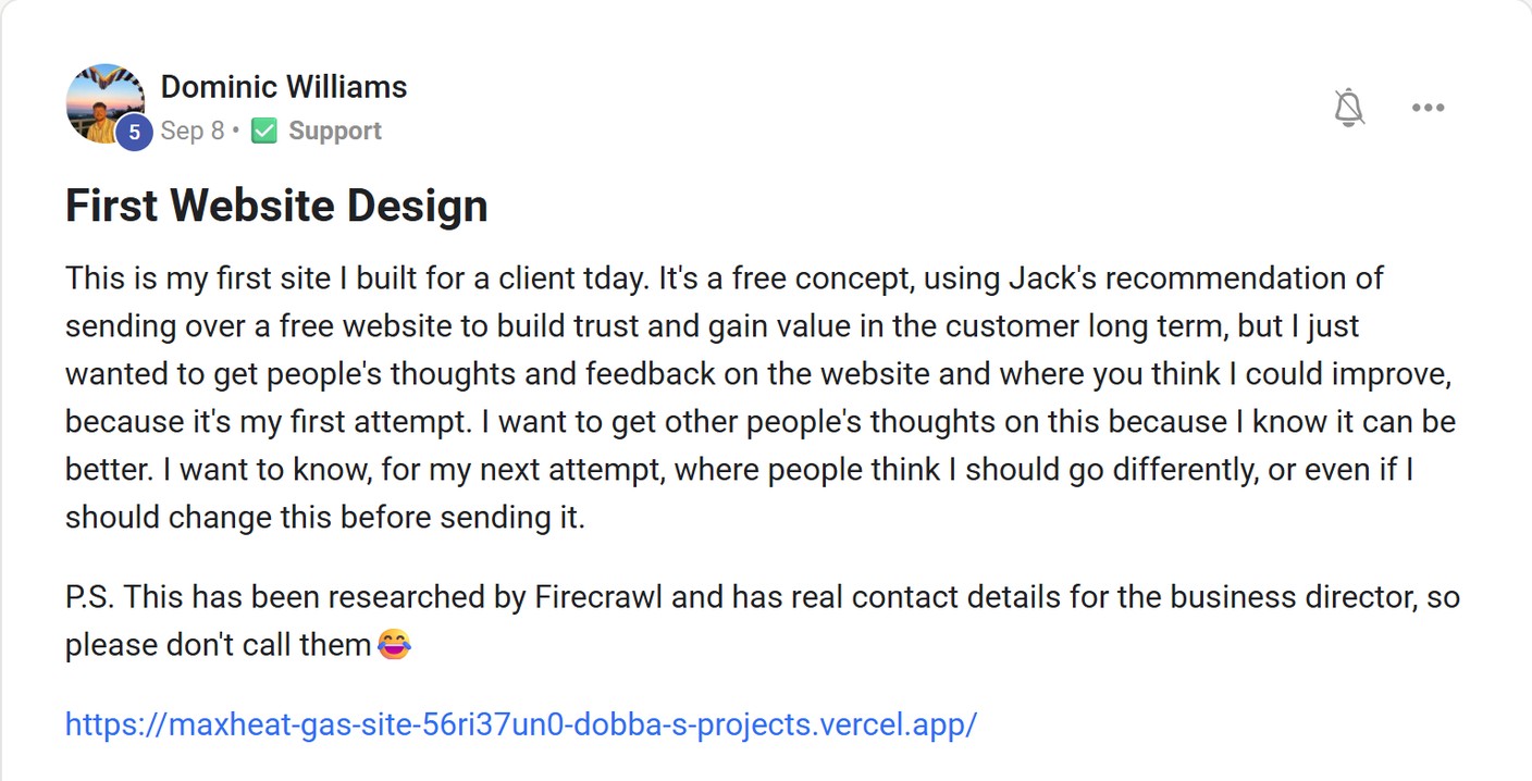Skool post by Dominic Williams about Firecrawl: Researching a business for a website design