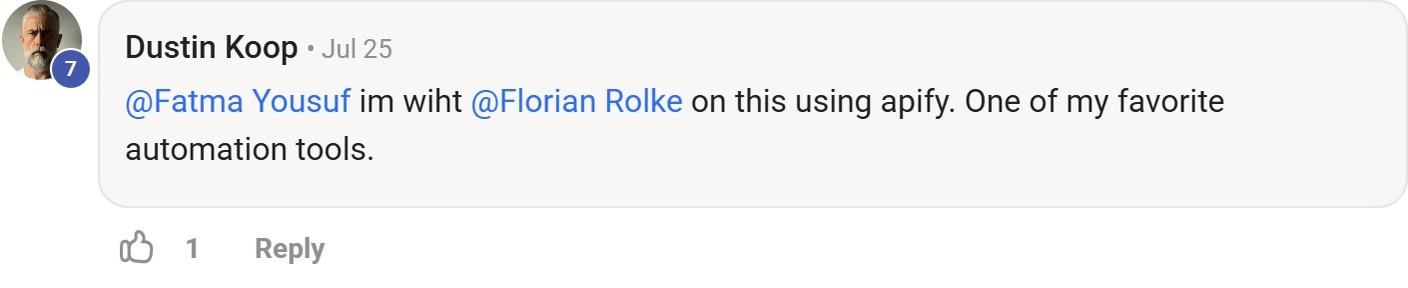 Skool comment by Dustin Koop about Apify: Using Apify for automation