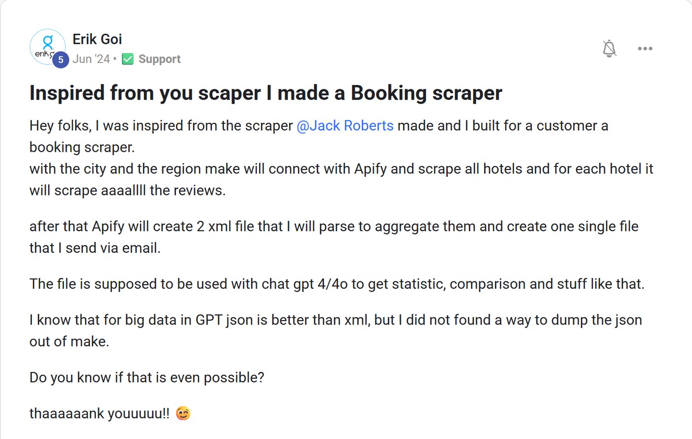 Skool post by Erik Goi about Apify: Collecting hotel reviews for a customer