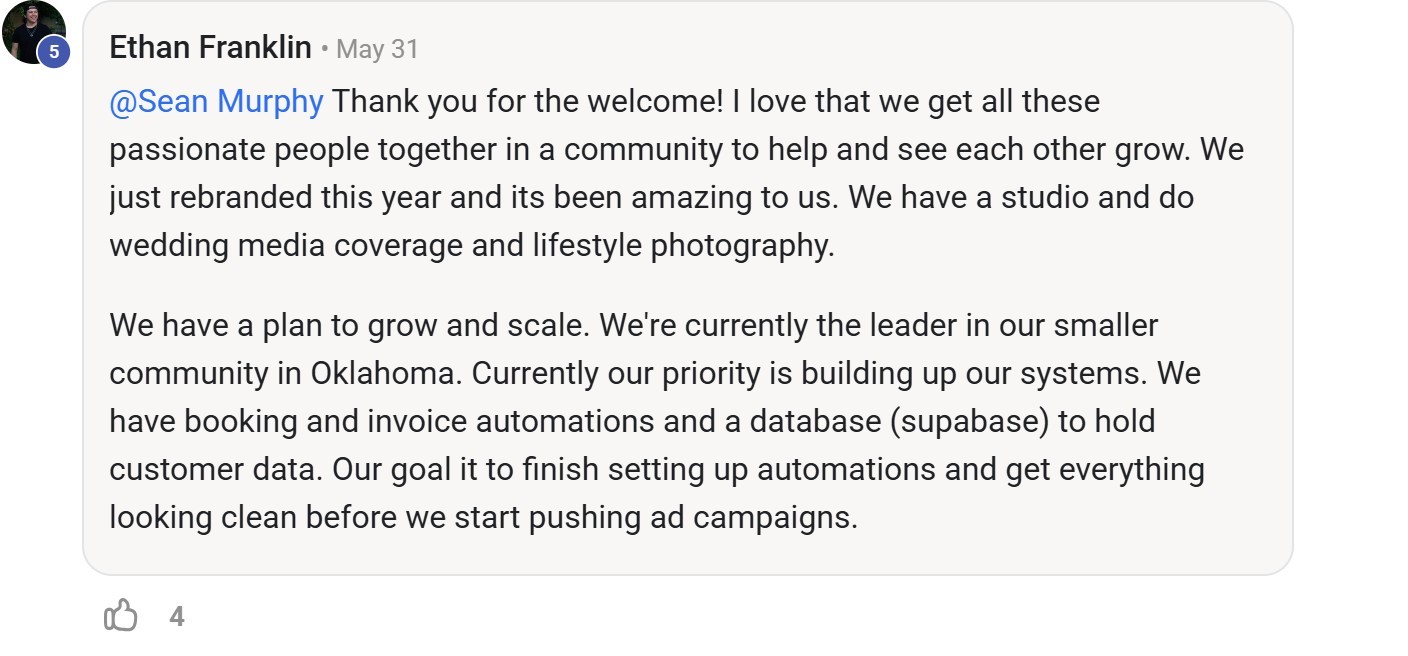 Skool comment by Ethan Franklin about Supabase: Managing customer information for a studio