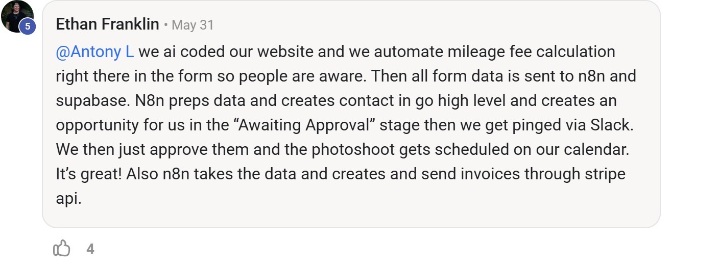 Skool comment by Ethan Franklin about Supabase: Automating bookings and photo shoot scheduling