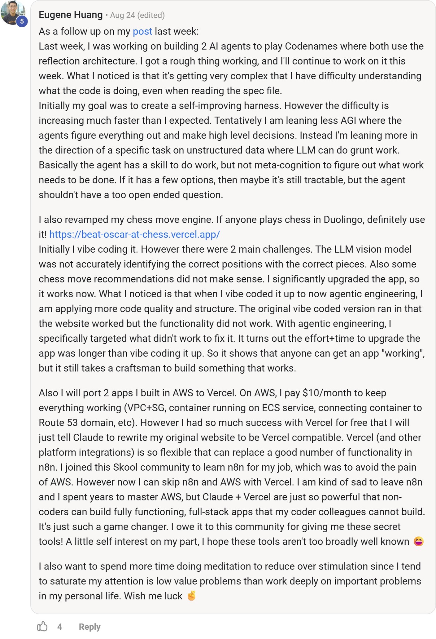 Skool comment by Eugene Huang about Vercel: Building and hosting a collection of apps