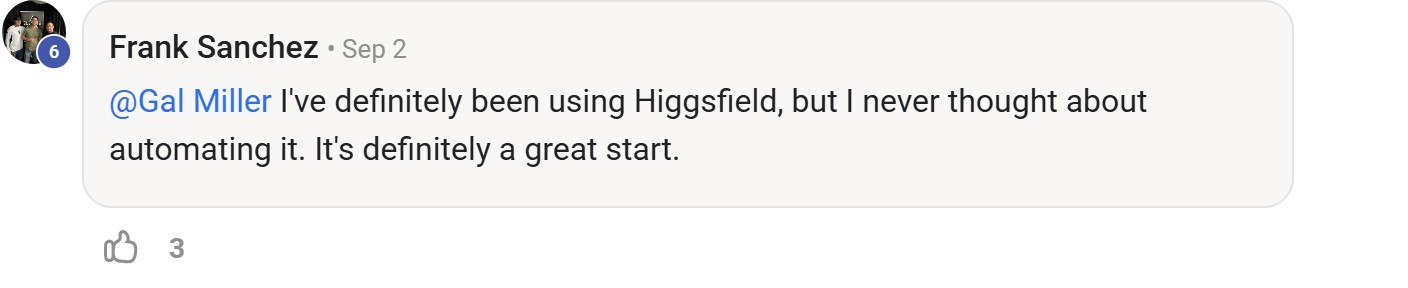 Skool comment by Frank Sanchez about Higgsfield: Using Higgsfield for a landscape business