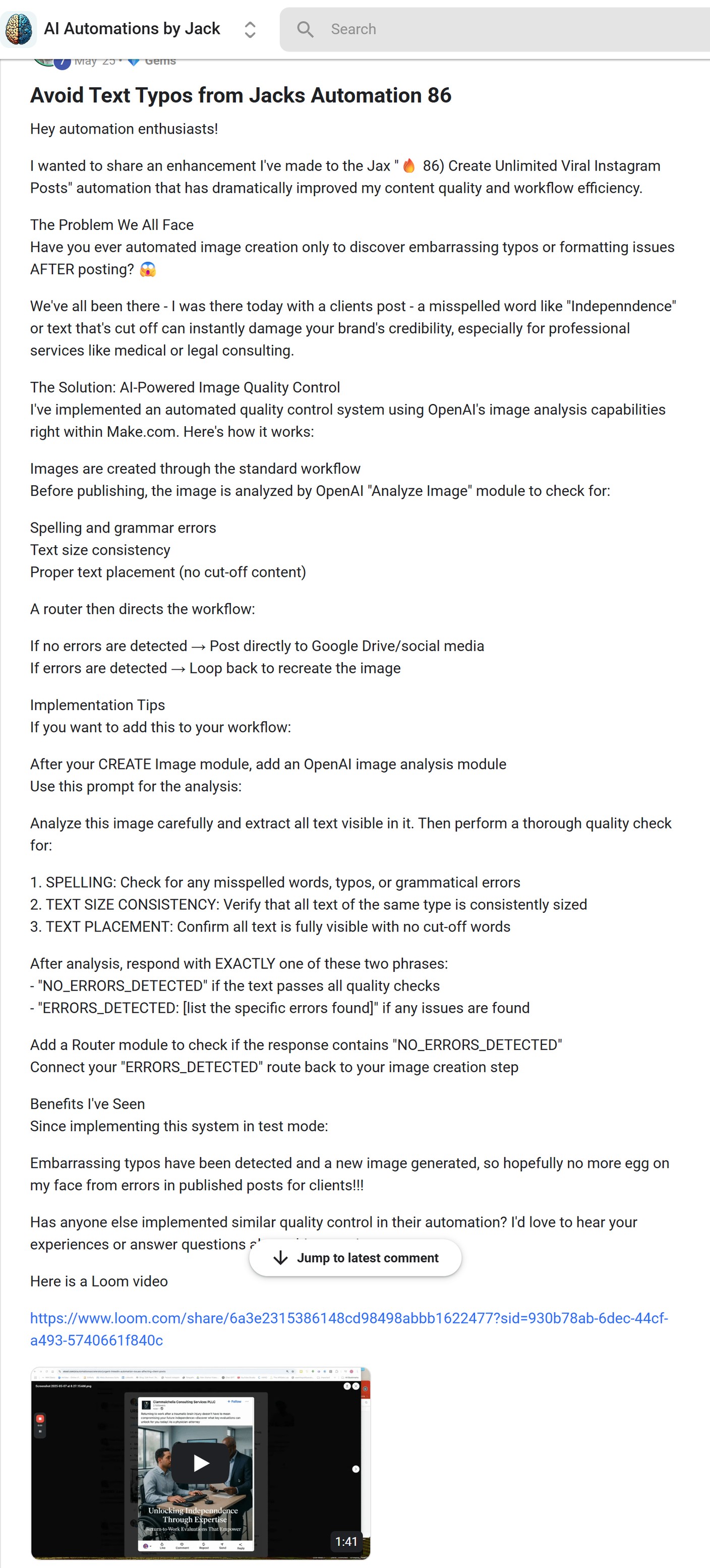 Skool post by Glen Fichardt about OpenAI: Checking generated images for text mistakes