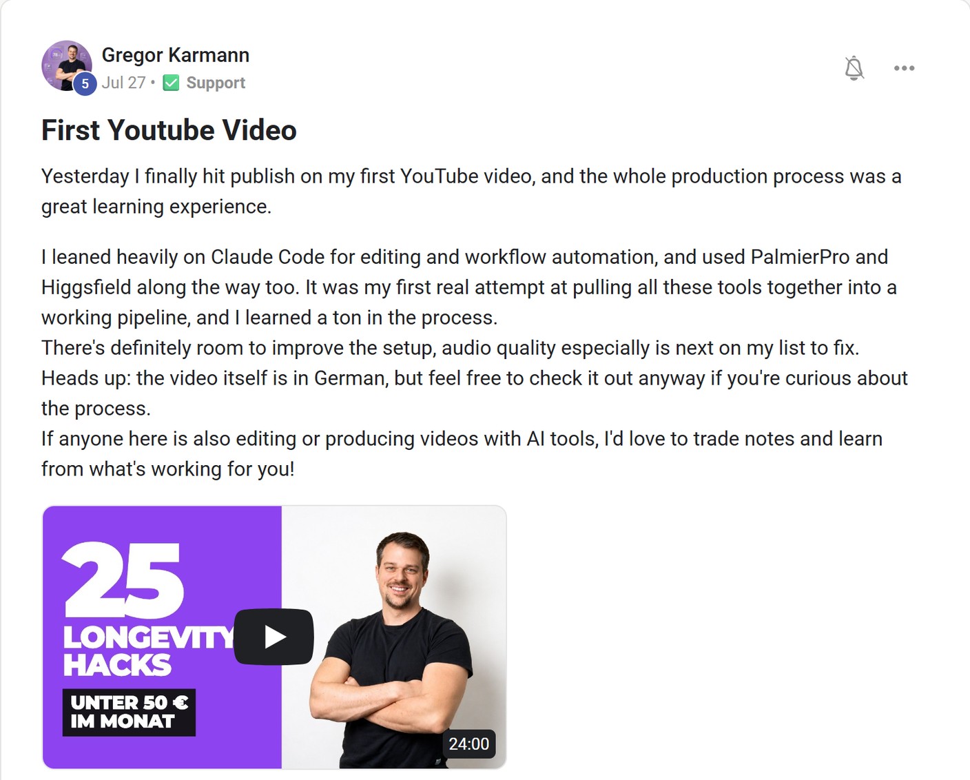 Skool post by Gregor Karmann about Higgsfield: A first YouTube video production workflow