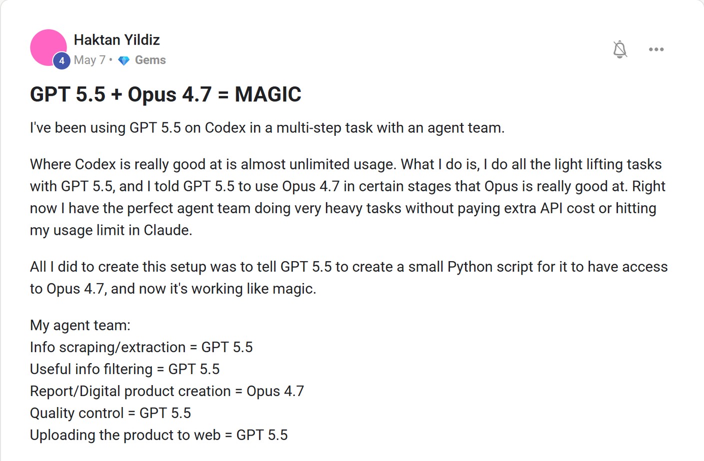 Skool post by Haktan Yildiz about OpenAI: Splitting agent tasks between GPT and Claude