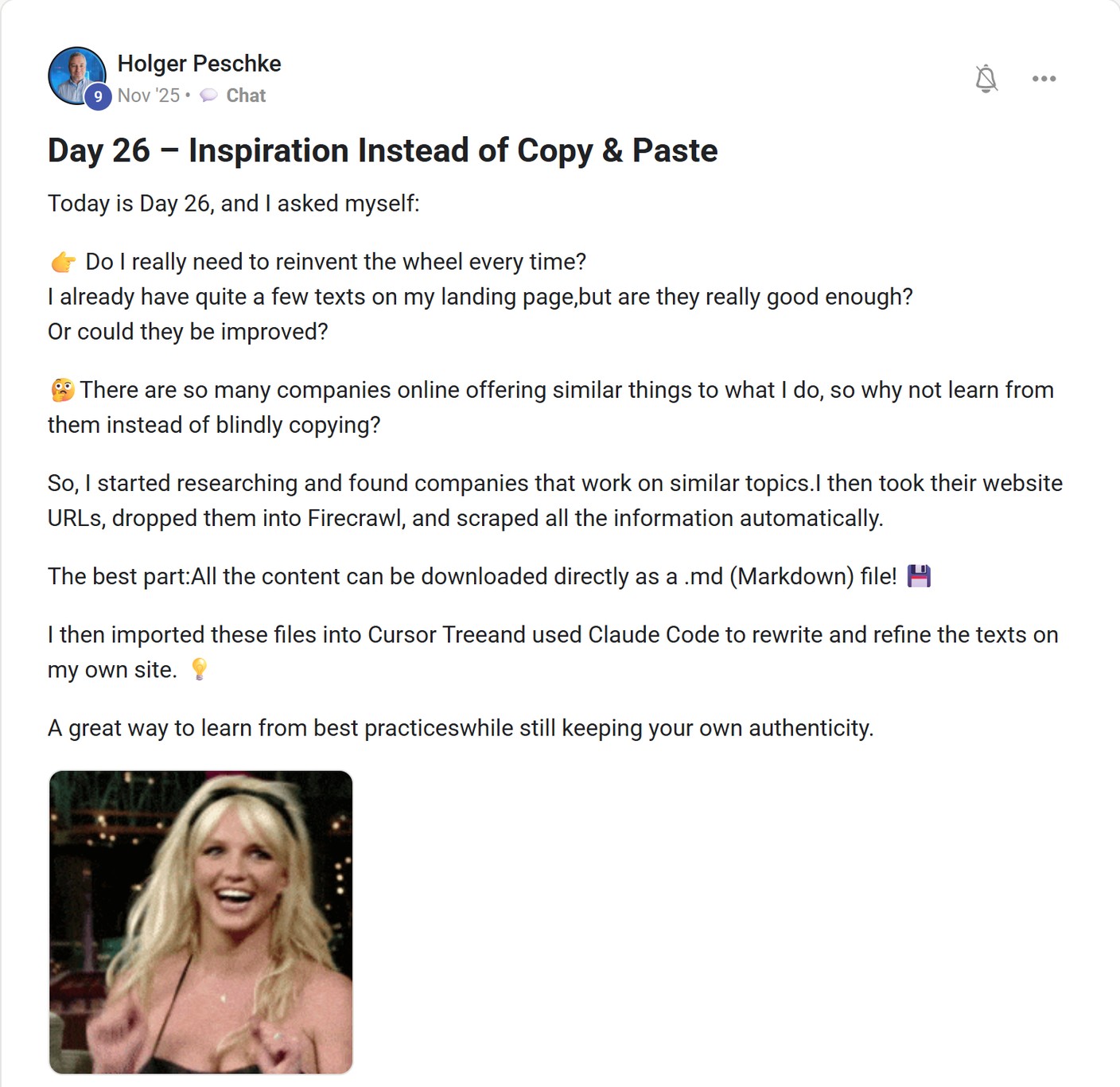Skool post by Holger Peschke about Firecrawl: Researching websites before improving copy