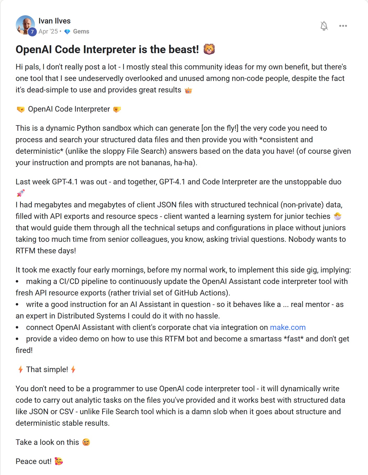 Skool post by Ivan Ilves about OpenAI: A client learning assistant with Code Interpreter