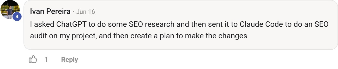Skool comment by Ivan Pereira about OpenAI: Researching SEO before a project audit