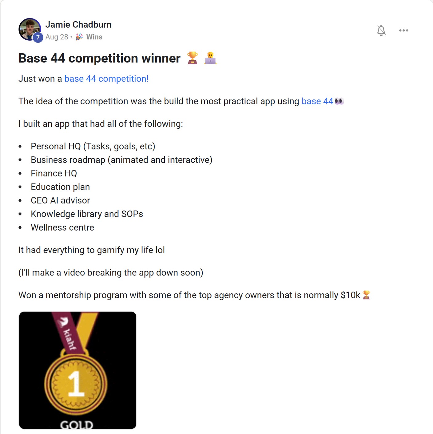 Skool post by Jamie Chadburn about Base44: Building a practical app in a Base44 competition