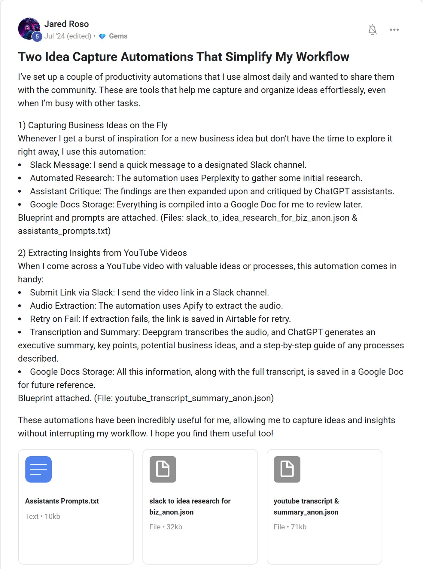 Skool post by Jared Roso about Apify: Capturing insights from YouTube videos