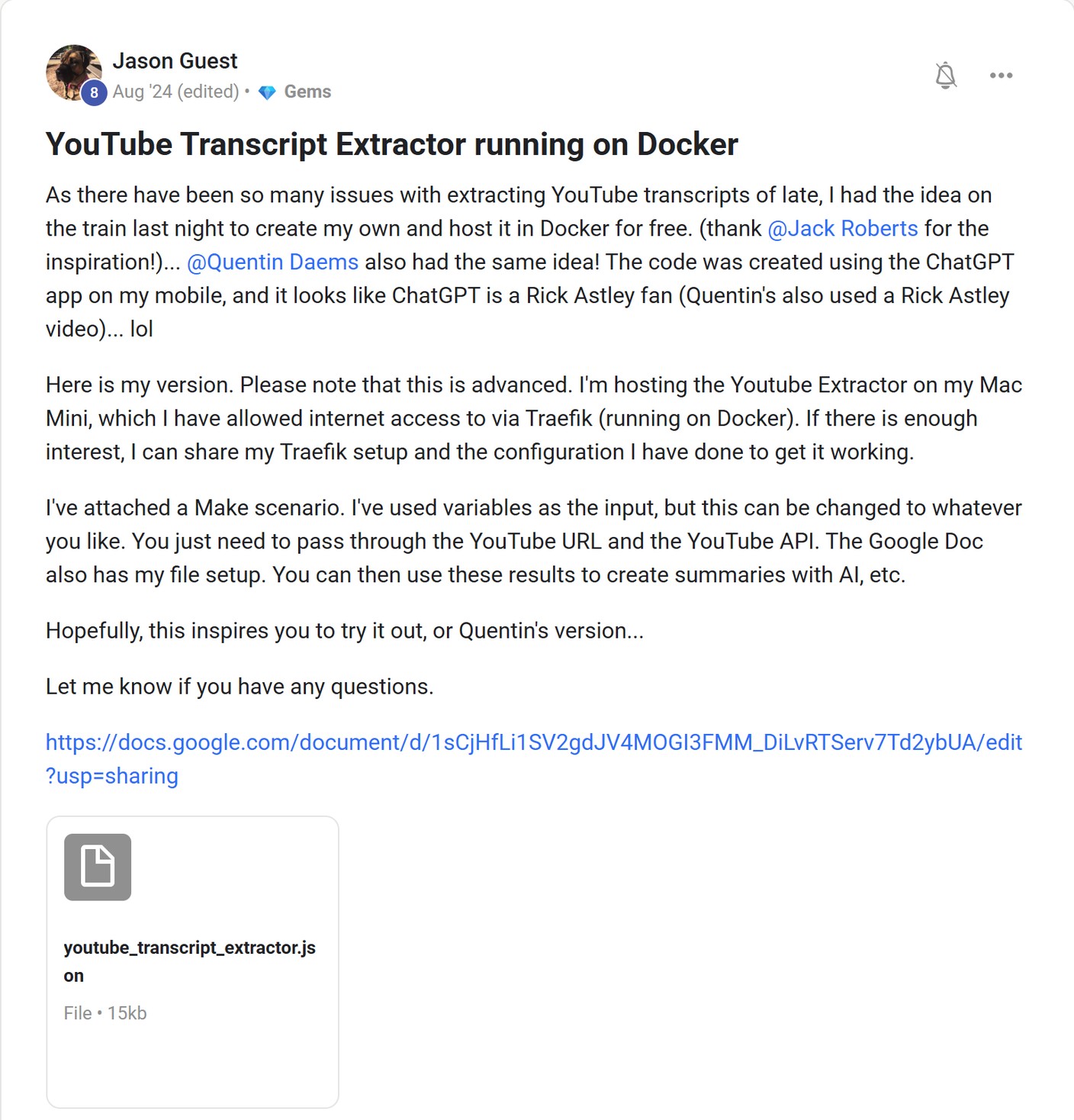 Skool post by Jason Guest about OpenAI: Building a YouTube transcript extractor on a phone