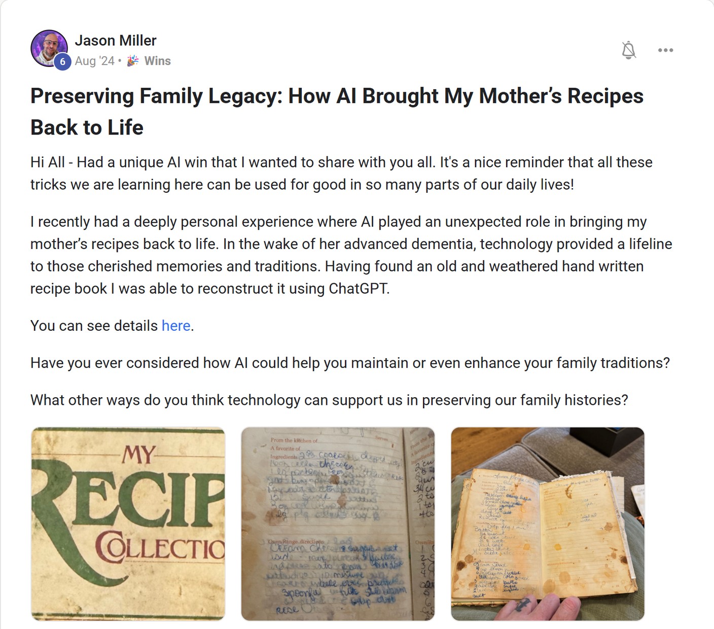 Skool post by Jason Miller about OpenAI: Preserving family recipes from a handwritten book